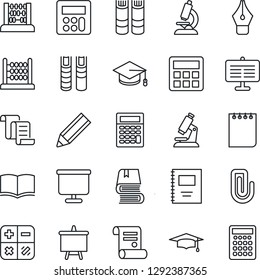 Thin Line Icon Set - contract vector, book, calculator, graduate, abacus, notepad, presentation board, microscope, copybook, paper clip, ink pen, pencil
