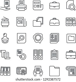 Thin Line Icon Set - contract vector, office binder, document search, reload, stamp, printer, receipt, folder, news, clipboard, case, paper, copier, certificate