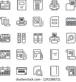 Thin Line Icon Set - contract vector, book, document search, notepad, calendar, printer, medical, folder, news, copybook, schedule