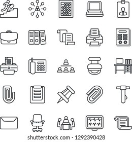 Thin Line Icon Set - contract vector, identity card, hierarchy, abacus, desk, tie, drawing pin, printer, monitor pulse, clipboard, paper clip, office phone, binder, meeting, notebook pc, stamp, mail