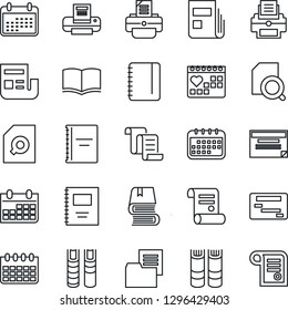 Thin Line Icon Set - contract vector, book, notepad, calendar, printer, medical, folder document, copybook, news, search, schedule