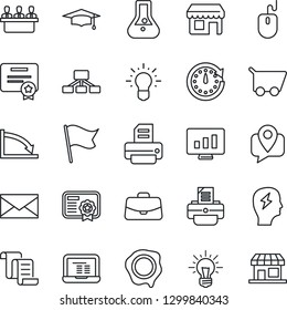 Thin Line Icon Set - contract vector, mail, case, graduate, mouse, notebook pc, brainstorm, statistic monitor, stamp, printer, mobile tracking, meeting, clock, crisis, idea, cart, flask, flag