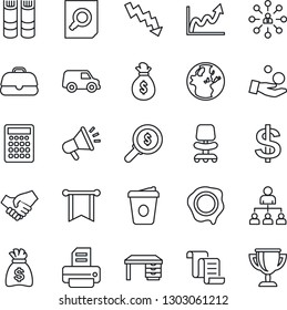 Thin Line Icon Set - contract vector, hierarchy, office chair, dollar sign, book, document search, desk, money bag, crisis graph, coffee, stamp, printer, handshake, pennon, earth, growth, investment