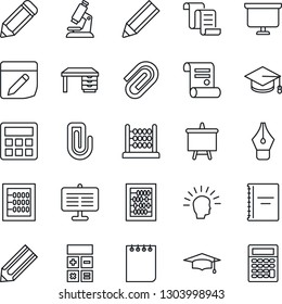 Thin Line Icon Set - contract vector, calculator, graduate, abacus, desk, notepad, presentation board, pencil, microscope, notes, copybook, paper clip, ink pen, shining head
