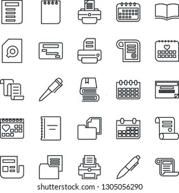 Thin Line Icon Set - contract vector, book, pen, notepad, document, calendar, printer, medical, folder, copybook, news, search, schedule