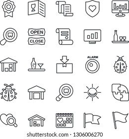Thin Line Icon Set - contract vector, statistic monitor, lady bug, heart diagnostic, shield, medical calendar, warehouse, package, search cargo, application, sertificate, alcohol, wine card, flag