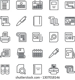 Thin Line Icon Set - contract vector, book, document search, pen, notepad, calendar, printer, medical, news, copybook, schedule