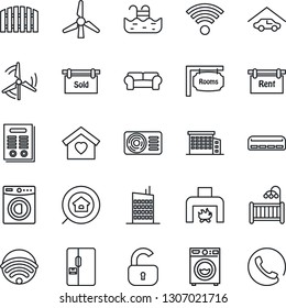 Thin Line Icon Set - contract vector, pool, windmill, garage, fence, rent, rooms, sold signboard, office building, estate search, lock, children room, washer, cushioned furniture, sweet home, fridge