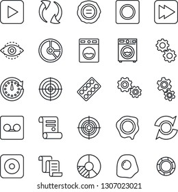 Thin Line Icon Set - contract vector, circle chart, stamp, pills blister, play button, fast forward, rec, update, record, eye id, target, washer, omelette, gear, clock, crisis management