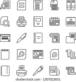 Thin Line Icon Set - contract vector, book, document search, pen, notepad, printer, medical calendar, folder, news, copybook, schedule