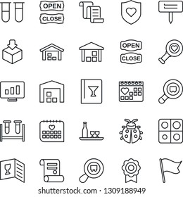 Thin Line Icon Set - contract vector, statistic monitor, lady bug, plant label, blood test vial, heart diagnostic, shield, medical calendar, warehouse, package, search cargo, application, alcohol