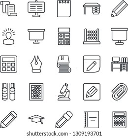 Thin Line Icon Set - contract vector, calculator, graduate, abacus, desk, notepad, presentation board, pencil, microscope, notes, copybook, paper clip, ink pen, book, shining head