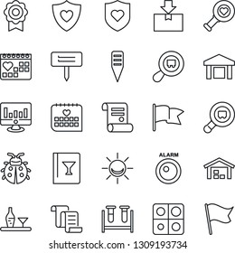 Thin Line Icon Set - contract vector, statistic monitor, lady bug, plant label, blood test vial, heart diagnostic, shield, medical calendar, warehouse, package, search cargo, application, alcohol
