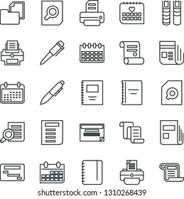 Thin Line Icon Set - contract vector, document search, pen, notepad, calendar, printer, medical, folder, news, copybook, book, schedule