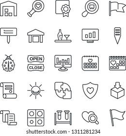 Thin Line Icon Set - contract vector, statistic monitor, lady bug, plant label, blood test vial, heart diagnostic, shield, medical calendar, warehouse, package, search cargo, application, alcohol