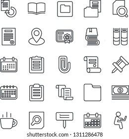 Thin Line Icon Set - contract vector, book, document search, coffee, calendar, reload, plant label, pin, cash, clipboard, folder, drawing, paper clip, certificate, man with notebook