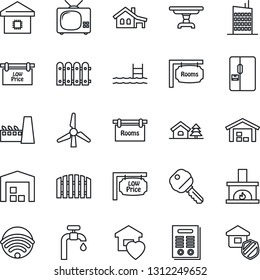 Thin Line Icon Set - contract vector, house with garage, tree, pool, windmill, water supply, warehouse, fence, rooms, low price signboard, key, table, sweet home, fireplace, fridge, tv, wireless