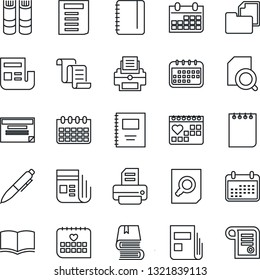 Thin Line Icon Set - contract vector, book, document search, pen, notepad, calendar, printer, medical, folder, news, copybook, schedule