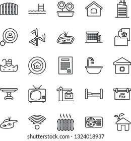Thin Line Icon Set - contract vector, house, pond, pool, windmill, fence, estate document, low price signboard, office building, search, client, bedroom, table, bathroom, heater, air conditioner, tv