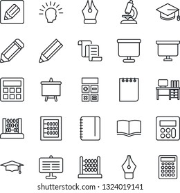 Thin Line Icon Set - contract vector, book, calculator, graduate, abacus, desk, notepad, presentation board, pencil, microscope, notes, ink pen, shining head