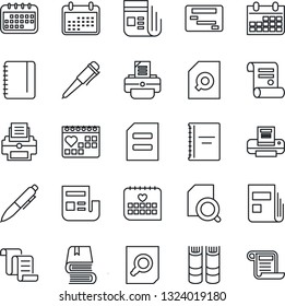 Thin Line Icon Set - contract vector, book, document search, pen, notepad, calendar, printer, medical, news, copybook, schedule