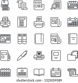 Thin Line Icon Set - contract vector, book, document search, pen, notepad, calendar, printer, medical, folder, news, copybook