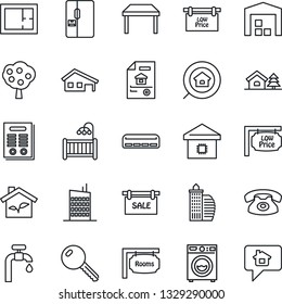 Thin Line Icon Set - contract vector, house with garage, tree, water supply, fruit, warehouse, plan, estate document, sale, rooms, low price signboard, office building, search, key, children room