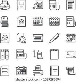 Thin Line Icon Set - contract vector, book, document search, pen, notepad, calendar, printer, medical, news, copybook, schedule