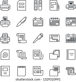 Thin Line Icon Set - contract vector, pen, notepad, document, calendar, printer, medical, folder, news, copybook, search, book, schedule