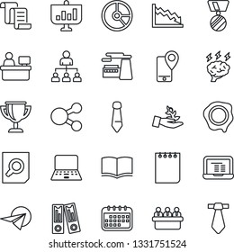 Thin Line Icon Set - contract vector, hierarchy, book, office binder, medal, document search, notebook pc, notepad, tie, brainstorm, meeting, manager place, factory, circle chart, stamp, crisis