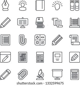 Thin Line Icon Set - contract vector, book, calculator, abacus, notepad, pencil, microscope, notes, copybook, presentation board, paper clip, ink pen, shining head
