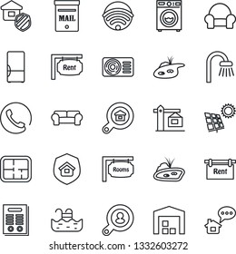 Thin Line Icon Set - contract vector, pond, pool, mailbox, sun panel, warehouse, plan, rent, rooms, estate search, client, bathroom, washer, cushioned furniture, air conditioner, fridge, wireless