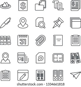 Thin Line Icon Set - contract vector, office binder, pen, pin, receipt, clipboard, folder document, news, calendar, notes, copybook, drawing, paper clip, search, blank box, plan, serviette, plane