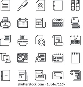 Thin Line Icon Set - contract vector, document search, pen, notepad, calendar, printer, medical, folder, news, copybook, book, schedule