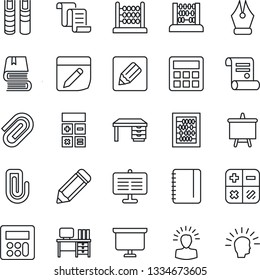 Thin Line Icon Set - contract vector, calculator, abacus, desk, notepad, presentation board, pencil, notes, paper clip, ink pen, book, shining head