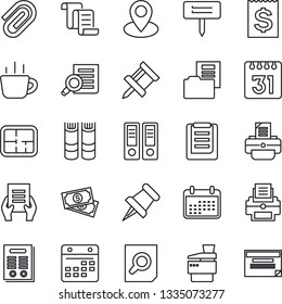 Thin Line Icon Set - contract vector, book, office binder, document search, coffee, printer, plant label, pin, cash, receipt, clipboard, paper, calendar, drawing, clip, folder, copier, plan