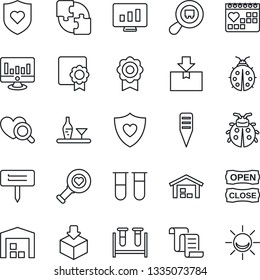 Thin Line Icon Set - contract vector, statistic monitor, lady bug, plant label, blood test vial, heart diagnostic, shield, medical calendar, package, search cargo, application, sertificate, alcohol
