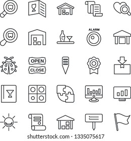 Thin Line Icon Set - contract vector, statistic monitor, lady bug, plant label, heart diagnostic, warehouse, package, search cargo, application, sertificate, alcohol, wine card, open close, flag