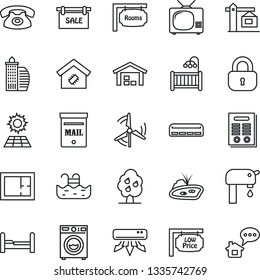 Thin Line Icon Set - contract vector, pond, pool, mailbox, sun panel, windmill, water supply, fruit tree, warehouse, plan, sale, rooms, low price signboard, office building, lock, bedroom, washer
