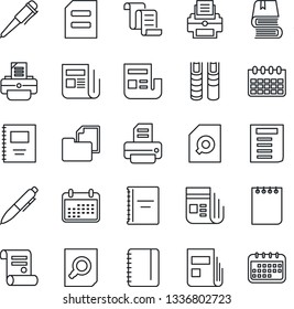 Thin Line Icon Set - contract vector, document search, pen, notepad, calendar, printer, folder, news, copybook, book