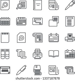 Thin Line Icon Set - contract vector, book, document search, pen, notepad, calendar, folder, news, copybook, printer, schedule