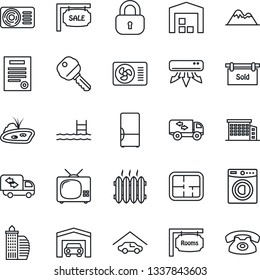 Thin Line Icon Set - contract vector, pond, pool, mountains, garage, warehouse, plan, sale, rooms, sold signboard, office building, key, lock, washer, moving, heater, air conditioner, fridge, tv