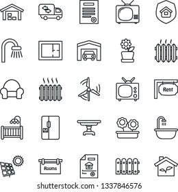 Thin Line Icon Set - contract vector, sun panel, windmill, garage, warehouse, fence, plan, estate document, rent, rooms, children room, table, bathroom, cushioned furniture, moving, heater, fridge
