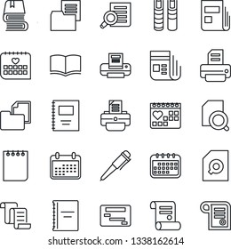 Thin Line Icon Set - contract vector, book, document search, pen, notepad, printer, medical calendar, folder, news, copybook, schedule