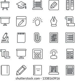 Thin Line Icon Set - contract vector, calculator, graduate, abacus, notepad, presentation board, pencil, microscope, notes, copybook, paper clip, ink pen, book, shining head