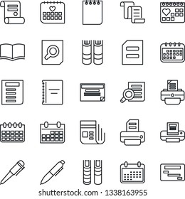 Thin Line Icon Set - contract vector, book, document search, pen, notepad, calendar, printer, medical, news, copybook, schedule