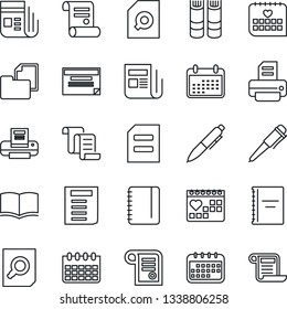 Thin Line Icon Set - contract vector, book, document search, pen, notepad, calendar, printer, medical, folder, news, copybook, schedule