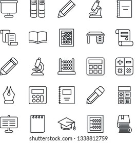 Thin Line Icon Set - contract vector, book, calculator, graduate, abacus, desk, notepad, pencil, microscope, copybook, presentation board, ink pen