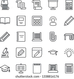 Thin Line Icon Set - contract vector, book, calculator, graduate, abacus, desk, notepad, pencil, microscope, notes, copybook, presentation board, paper clip, shining head