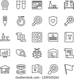 Thin Line Icon Set - contract vector, statistic monitor, lady bug, plant label, blood test vial, heart diagnostic, shield, medical calendar, warehouse, search cargo, application, sertificate, flag